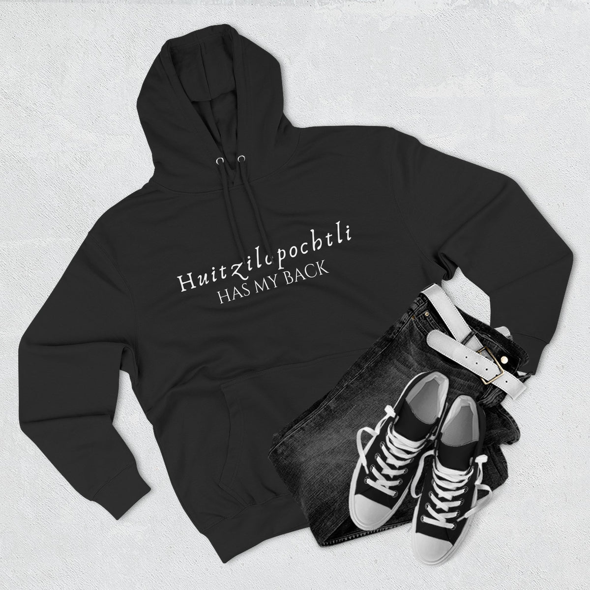 "Huitzilopochtli Has my Back” Aztec-Inspired Design --Three-Panel Fleece Hoodie –