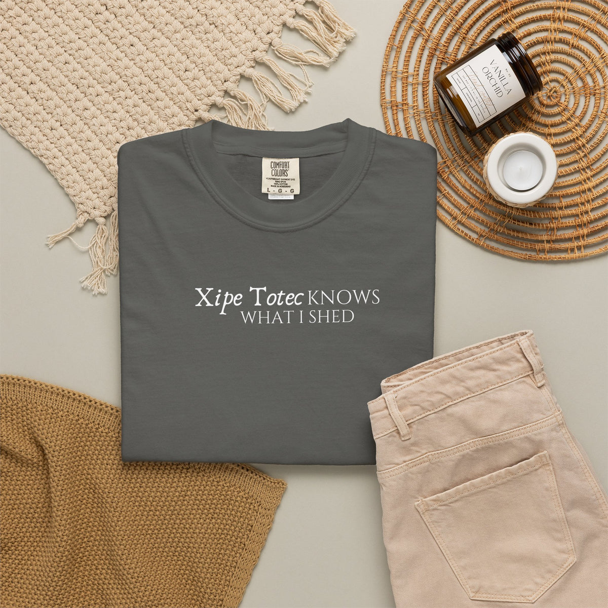 "Xipe Totec Knows What I Shed" Aztec Warrior Graphic T-Shirt — Vintage Mesoamerican Drum Design