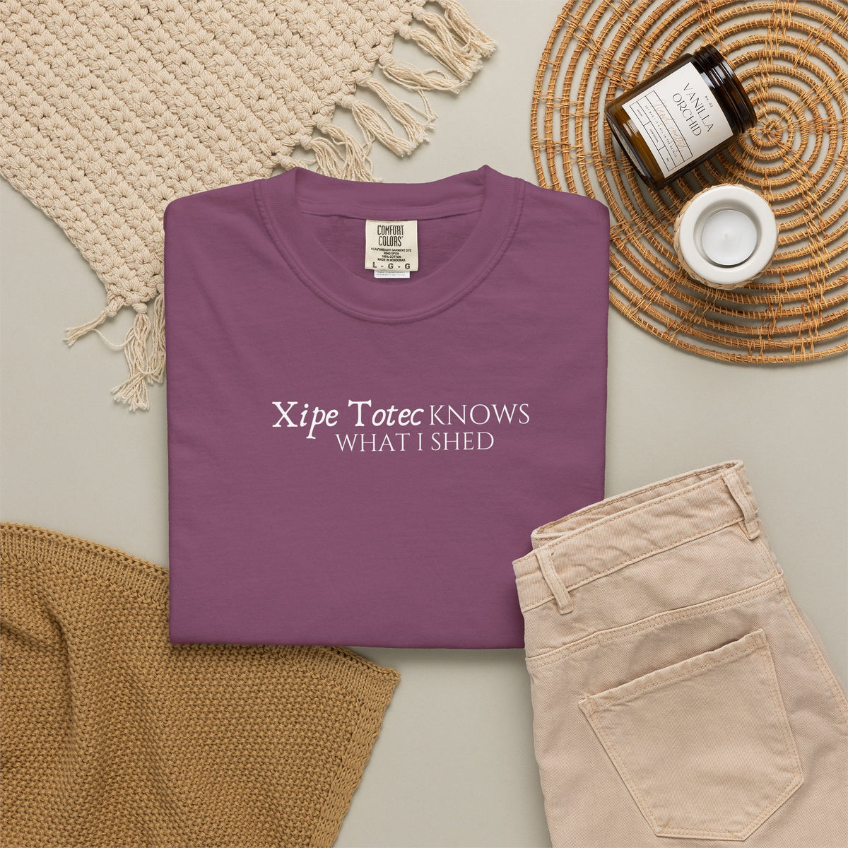 "Xipe Totec Knows What I Shed" Aztec Warrior Graphic T-Shirt — Vintage Mesoamerican Drum Design