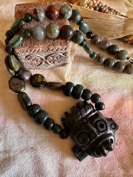 Tlaloc head turquoise and jade necklace