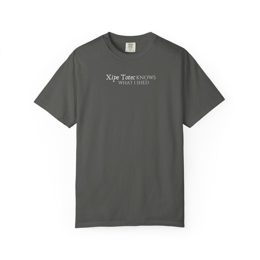 "Xipe Totec Knows What I Shed" Aztec Warrior Graphic T-Shirt — Vintage Mesoamerican Drum Design