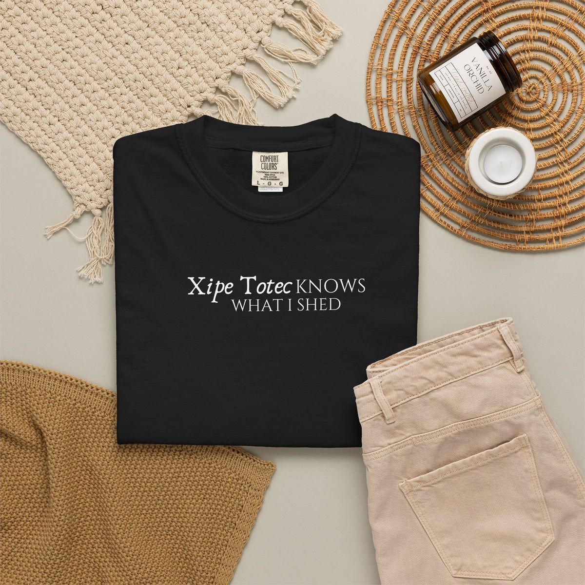 "Xipe Totec Knows What I Shed" Aztec Warrior Graphic T-Shirt — Vintage Mesoamerican Drum Design