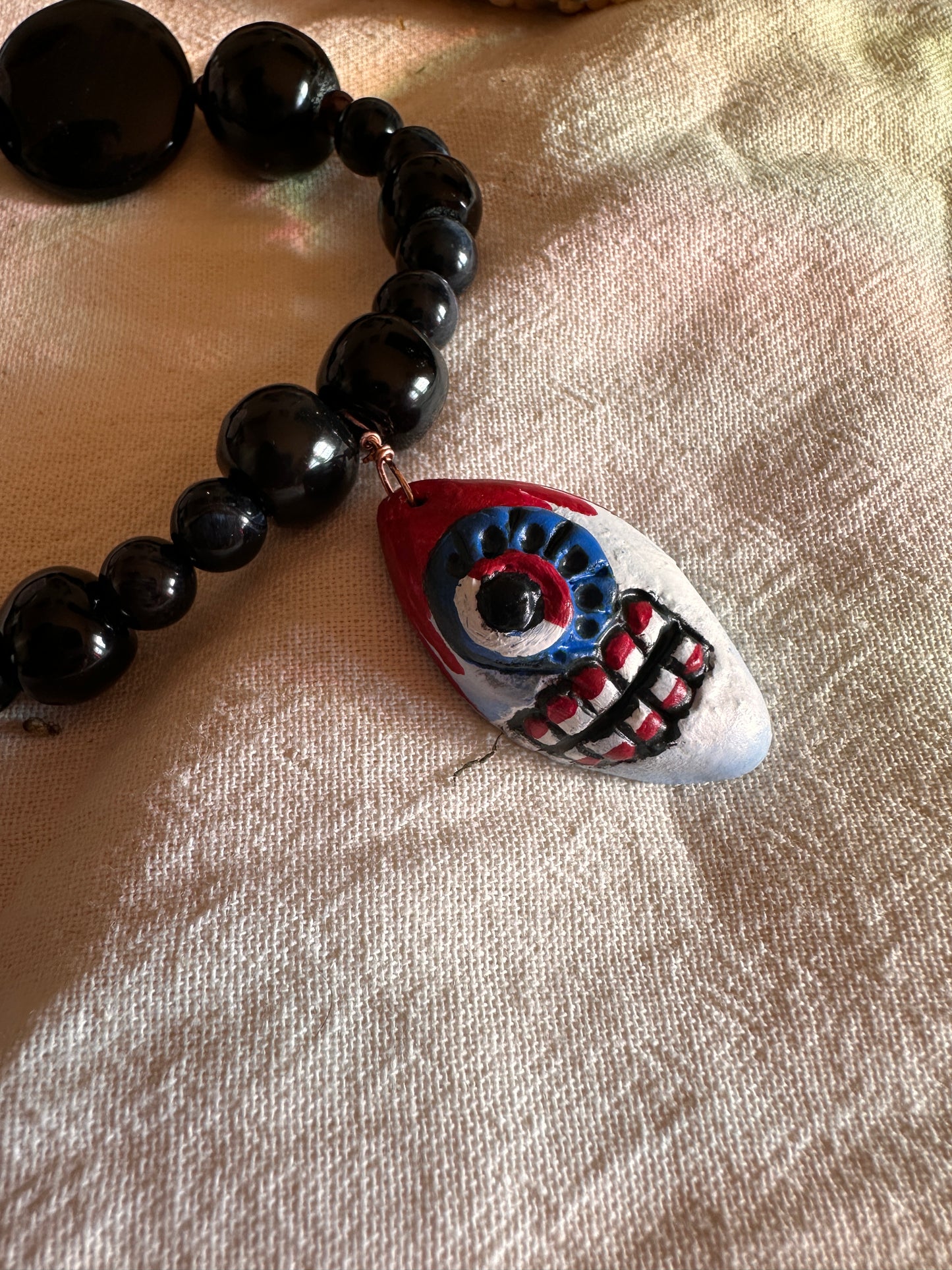 Handpainted Tecpatl and precious beads necklace