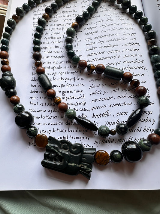 Two-layered Quetzalcoatl head jade necklace
