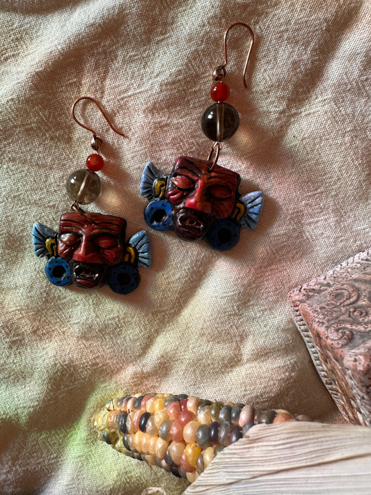 Hand-painted Huehueteotl Smokey Quartz Earrings