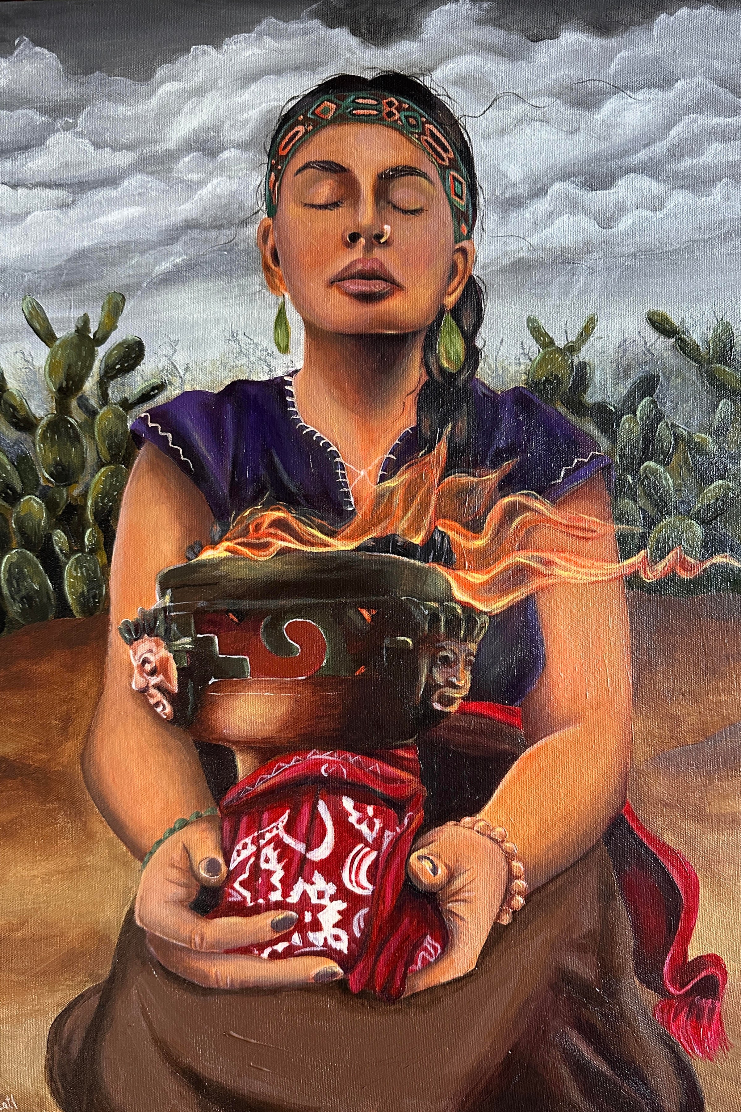Artistic depiction of a person holding a pot with flames, surrounded by cacti and a cloudy sky.