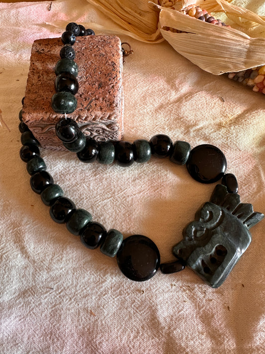 Obsidian Quetzalcoatl head jade necklace