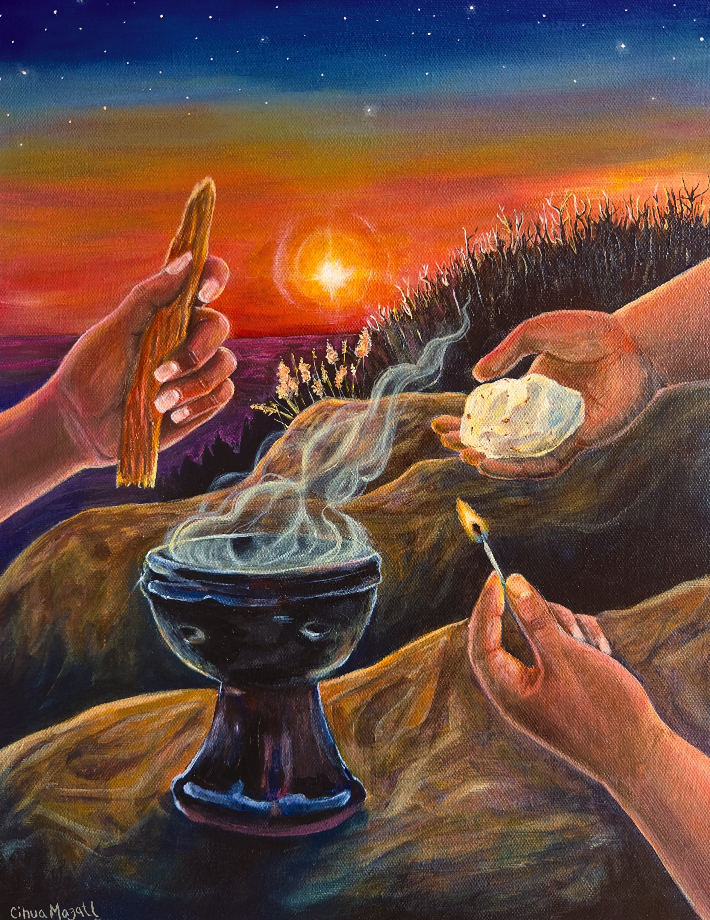 A colorful painting depicting a spiritual ritual scene at sunset, featuring brown hands holding an ocote stick, copal, and a lit match over a popoxcomitl or sahumador, with a starry sky and glowing sun in the background.